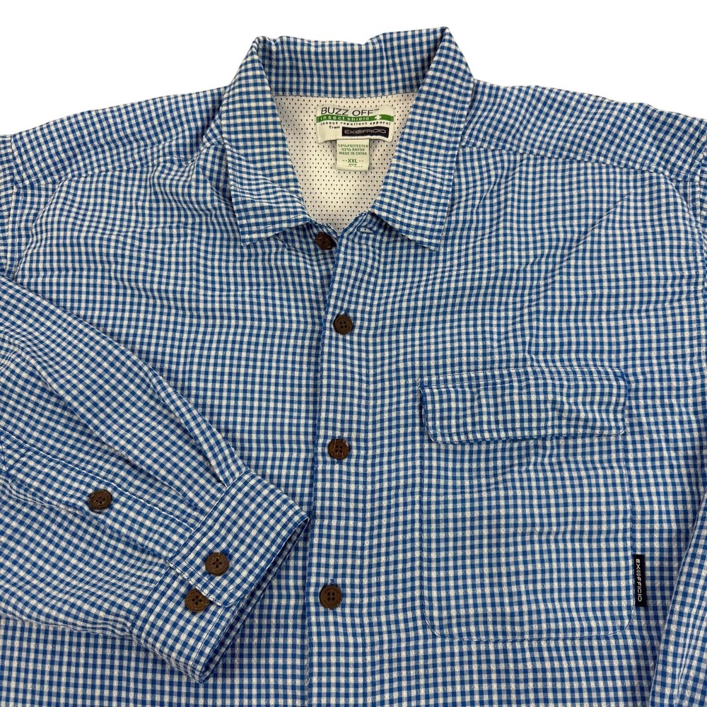 ExOfficio Buzz Off Insect Shield Shirt Mens 2XL Blue Check Long Sleeve Hiking